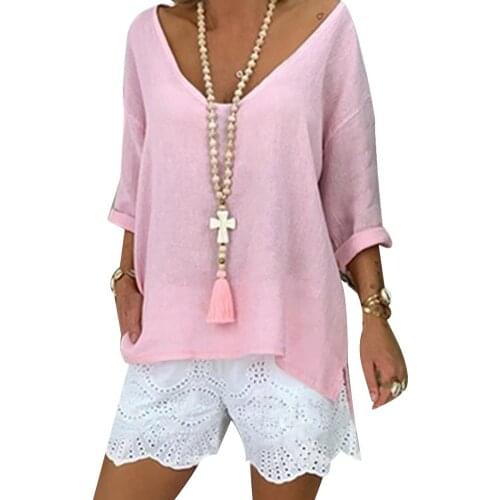 Women Summer Casual Blouse Top Solid Color Deep V Neck 3/4 Sleeve Loose T-shirt