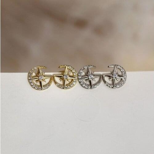 WTLTC 925 Sterling Sliver Starburst Stud Earrings For Women Eight-pointed Star Studs Earrings Small Tiny CZ Moon Post Earrings