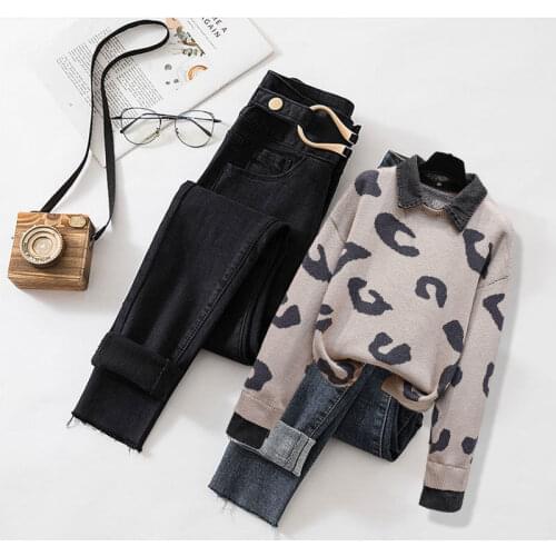 Plus Size Womens Fat Sister Spring and Autumn Suit Women Loose Fake Two-piece Sweater Slim Jeans Two-piece Suit