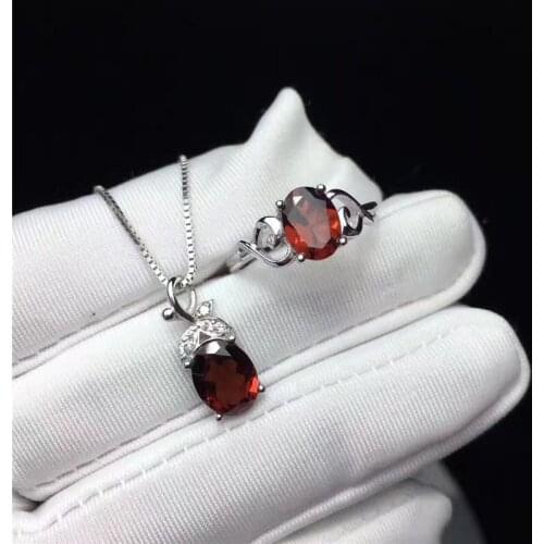 Fine Jewelry 925 Silver Sets For Women Natural Garnet Red Oval Gemstone Ring Necklaces Pendants Wedding Vintage Bijoux CCS003-2