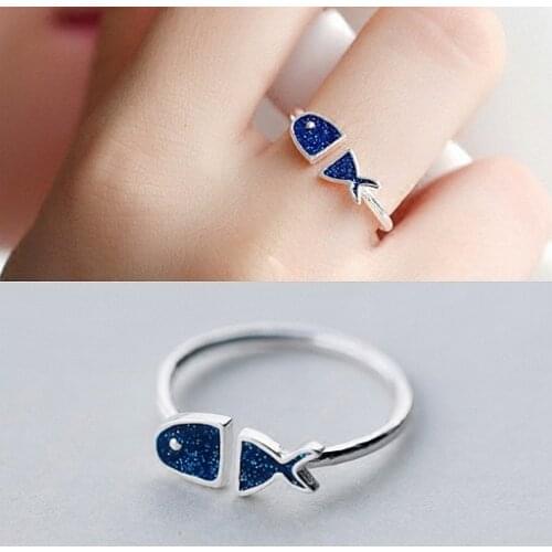 Creative Style Boho Silver Color Blue Fish Rings For Women Adjustable Ring Fashion Charm Jewelry Wholesale