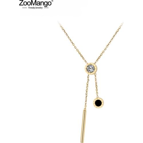 ZooMango Classic CZ Crystal Stainless Steel Jewelry Black Shell Roman Alphabet Pendant Neckalces Bridal Wedding Jewelry ZN18027