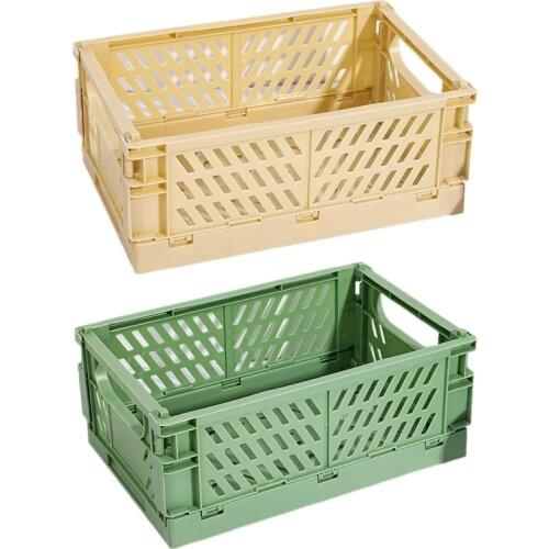 2X Collapsible Crate Plastic Folding Storage Box Basket Utility Cosmetic Container Yellow & Green