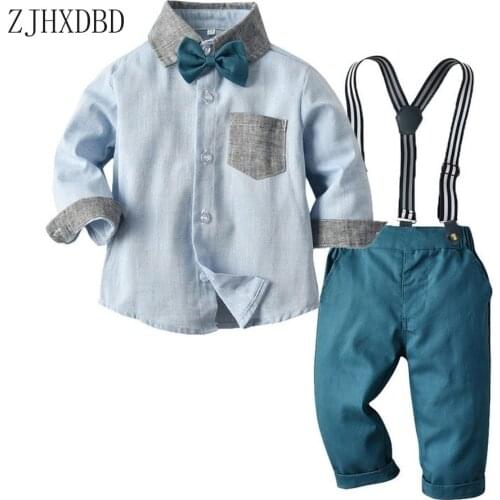 2020 Blazers Childrens Clothing European American Boys Long-sleeved Suit Shirt Blouses Strap Trousers Two-piece Wedding Costume