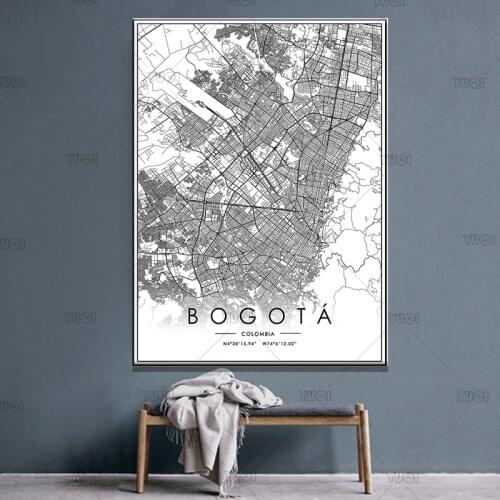 World CityMap BOGOTA Black White Map Poster Picture Art Canvas Painting