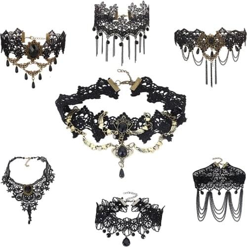 JOUVAL Gothic Chokers Black Stone Sexy Lace Neck Choker Necklace Vintage Victorian Women Chocker Steampunk Halloween Jewelry