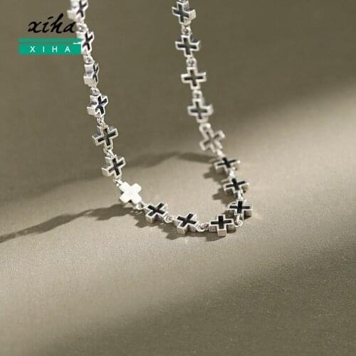 XIHA Real 925 Sterling Silver Pave Cross Choker Necklace Women Chunky Statement Trendy Jewelry Korean Style Party Gifts