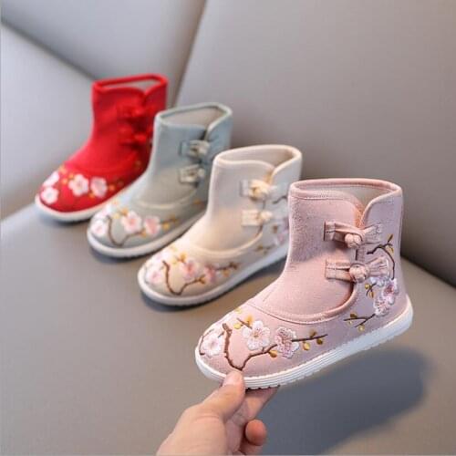 Child Chinese Style Hanfu Embroidered Shoes Girls Boots Old Beijing Baby Cloth Shoes Folk Style Dance Shoes Short Boots Fashion