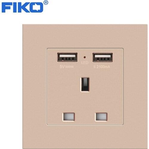 FIKO 13A British standard Champagne gold PC panel standard With dual Usb family hotel socket with USB 5V 2100mA 86mm*86mm