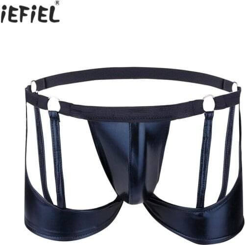 IEFiEL Gay Mens Underwear Lingerie Sexy Panties Lingerie Patent Leather Boxer Shorts Penis Pouch Hollow Out Sissy Man Underpants