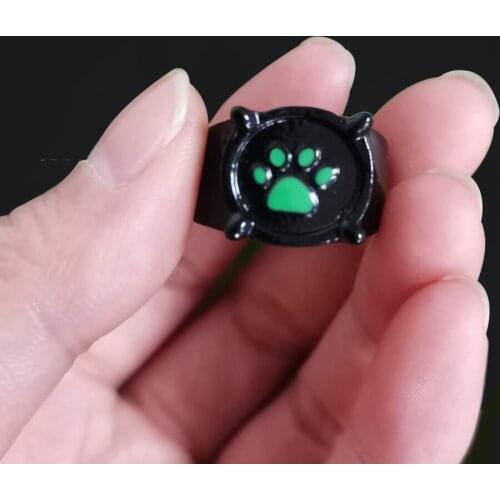 Anime Black Cat Rings Girl Boy Cartoon Green Print Enamel Cat Paw Finger Ring Cosplay Jewelry Party Kids Men Rings Gift