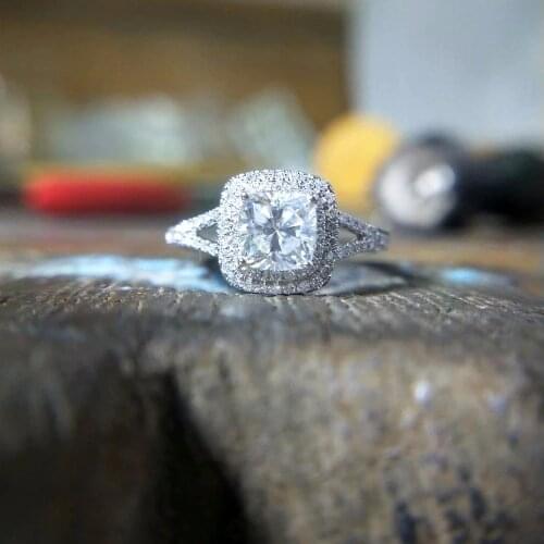 1.5CTW 6x6mm Cushion Cut Moissanite Ring 14K Solid White Gold,Moissanite Accent Side Stone Engagement Ring,Fantacy Wedding Band