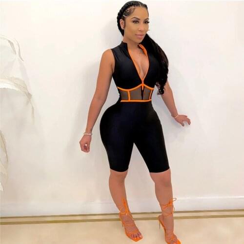 Mesh Patchwork Casual Jumpsuits Womens Romper Zipper V Neck Biker Shorts Playsuit Summer Romper Female Elastic Skinny Bodysuits