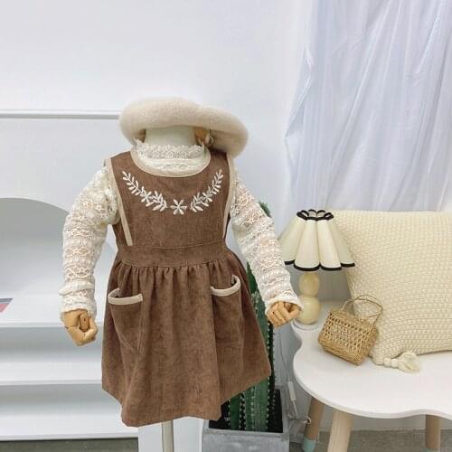 Toddler Girl Clothes Set Korean Style Embroidered Vest Dress Solid Lace Shirt 2pcs Suit for Girl Child Fashion Dress Set Autumn