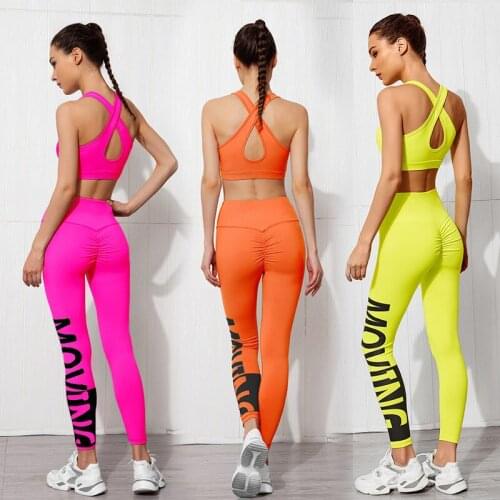 Seamless Yoga Sets Women Letter Printing Sexy GYM Sports Bra Hip Up Fitness Leggings 2 Piece Set Workout Tracksuit Athletic