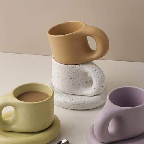 300ml Creative Handmade Fat Handle Mug and Oval Plate Personalized Ceramic Cup Saucer For Coffee Tea Milk Cake Nordic Home Decor
