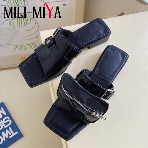 MILI-MIYA 2021 Summer New Novelty Sandals Low Block Heels Women Comfort Slippers Square Peep Toe Zipper Buckle Unique Shoes Blac