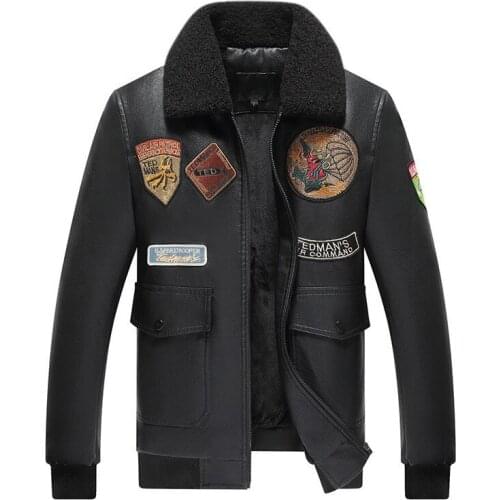 Mens Fashion Leather Flight Bomber Jackets And Coats Fleece Lined Thick Warm PU Pilot Parkas With Patches Windbreaker Outerwear