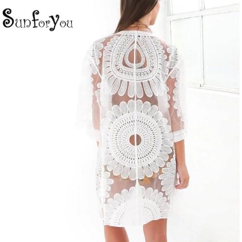 New 2021 Pareos Beach Cover Up Floral Embroidery Swim suit Cover Up Women Robe De Plage Beach Cardigan Bathing Suit Cover Ups