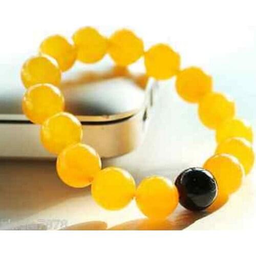 New hot Natural 10mm Yellow Topaz Jade & Black Agate Round Gems Beads Bangle Bracelet