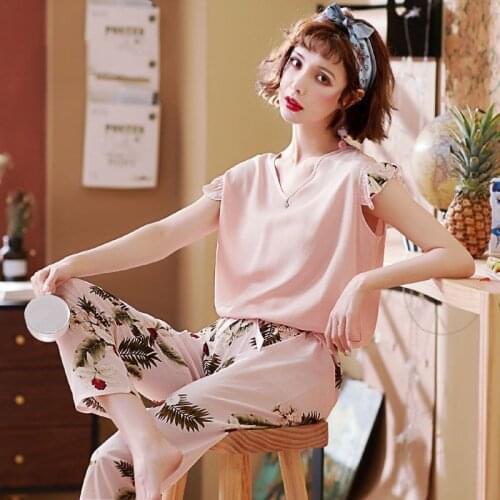 Fashion Pajamas Set Women Summer Mom Sexy Flower Cotton Pyjamas Long Pants Short Shirt Big Size Pregnant Home Mom New Sleepwear