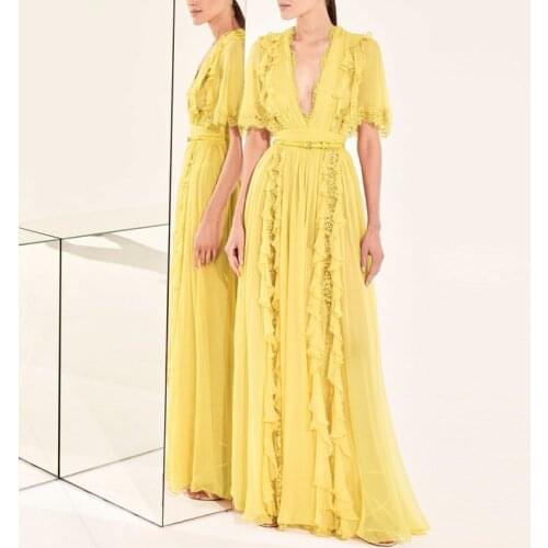 2021 Sale Women Dress Womens Dress Fashion V-neck Waist Ladies Senior Texture Long Summer Chiffon Flare Sleeve A-line Short