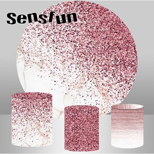 Sensfun Pink Glitter Marble Round Circle Backdrop Lady Women Birthday Wedding Party Photography Background Plinth Covers Custom
