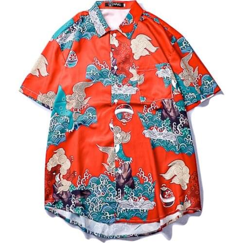 April MOMO 2021 Chinese Traditional Printed Mens Shirt Short Sleeve Hip Hop Shirts Men Red Shirts Camiseta Masculina Streetwear