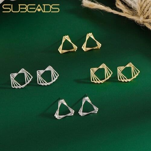 Subeads Real 925 Sterling Silver Multi-layer Triangle Square Stud Earrings For Women Girls Hollow Geometric Earrings Jewelry