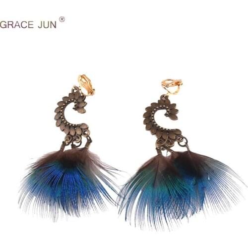 GRACE JUN New Vintage Fashion Real Feather Clip on Earrings for Women Party Charm Geometric Shape Ear Hook Pierced Earrings New