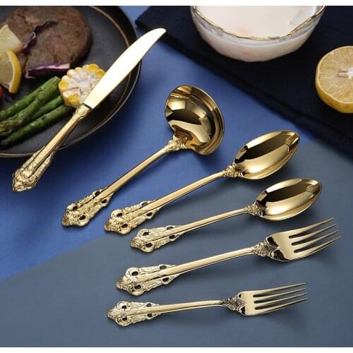 Stainless Steel Tableware Palace Relief Dinnerware Coffee Dessert Spoon Butter Dinner Knife Western Cutlery Set Kitchen Utensils
