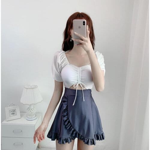 Spring Bathing Suit Women Short Sleeve Girly Style Skirt Siamese Slim Looking Belly Covering Boxer Conservative Swimming Suit