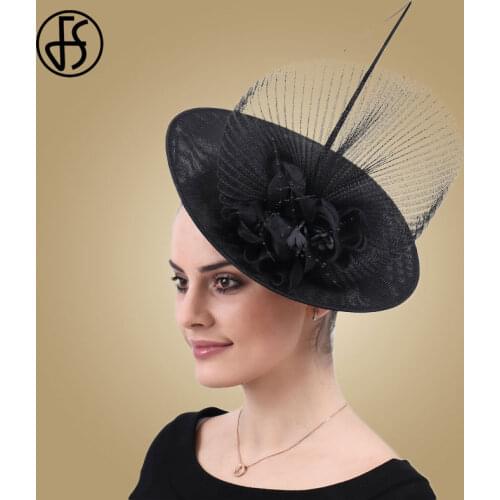 FS Ladies Hats Fascinators Black Large Sinamay Kentucky Derby Wedding Hats Bridal Cocktail Party Women Feather Fedoras