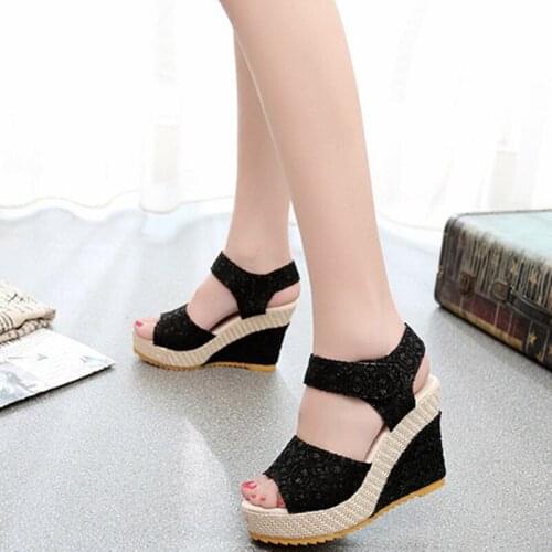2020 Women Sandals New Summer Fashion Lace Hollow Gladiator Wedges Shoes Woman Slides Peep Toe Hook & Loop Solid Lady Casual