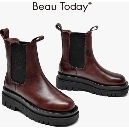 Women Chelsea Boots Genuine Calfskin Leather Ankle Length Round Toe Elastic Bands Lady Platform Boots Handmade BeauToday 03470
