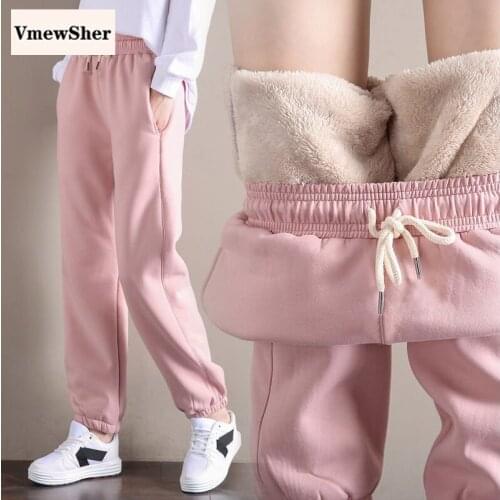 VmewSher Women Winter Thick Lambskin Cashmere Pants Plush Lined Warm Female Casual Cotton Pants Loose Harlan Ankle Long Trousers