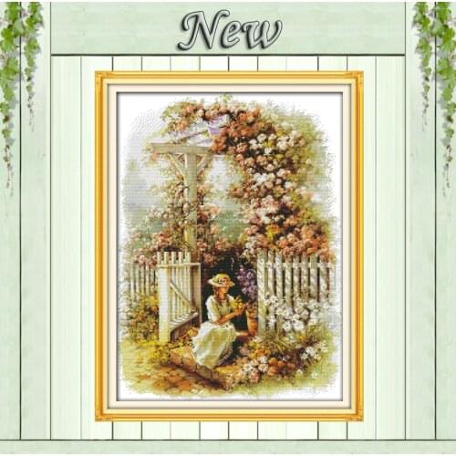Garden girl flower villa Scenic painting,pattern printed on fabric DMC 14CT 11CT DIY Cross Stitch Needlework kits Embroidery Set
