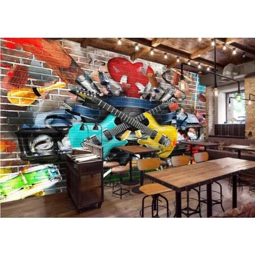 Bacal 3D Murals Wallpaper Guitar Rock Graffiti Art Broken Brick Wall KTV Bar Tooling Home Decoration Wall Painting Mural Fresco