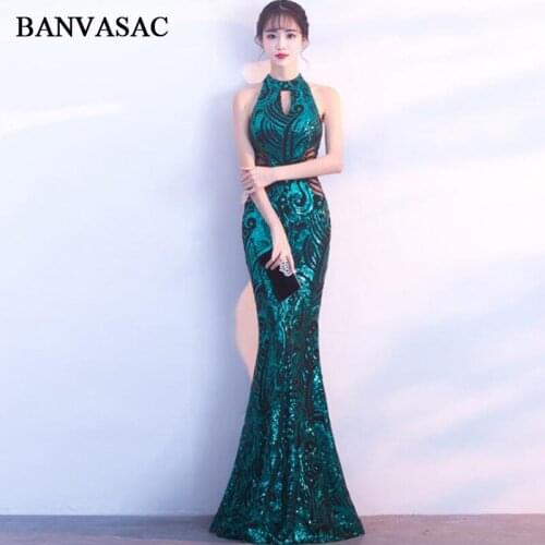 BANVASAC Elegant Halter Sequined Mermaid Long Evening Dresses Lace Hollow Out Zipper Back Party Prom Gowns