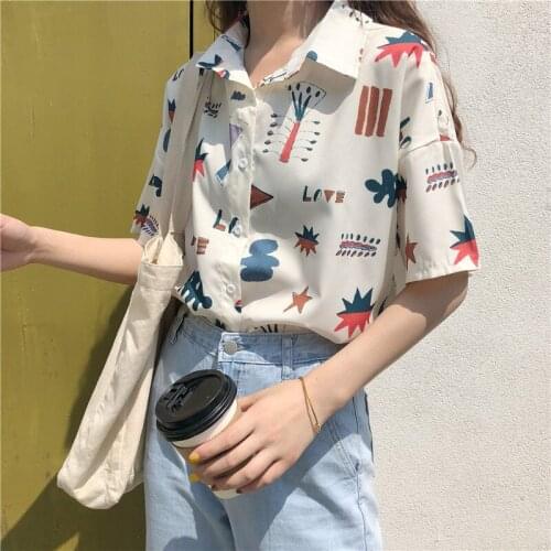 Summer Blouses Women Cute Cartoon print V-neck Blusas Shirt Short Sleeve Top Casual Turn-down Collar blouses woman 2019