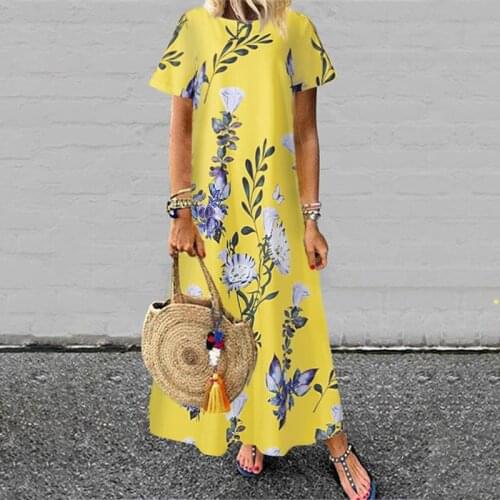 Bohemian Dress 2021 Women Short Sleeve Floral Printed Long Maxi Sundress O Neck Casual Loose Party Beach Robe