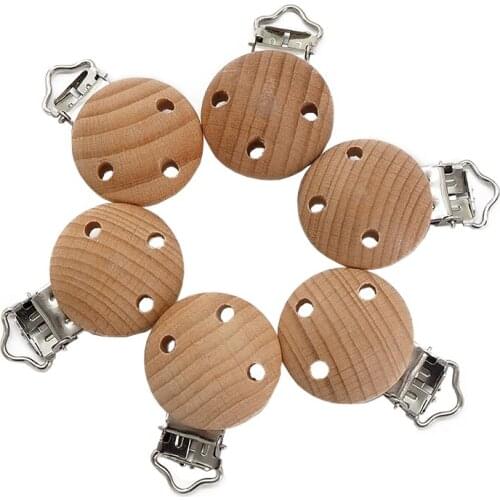 Chenkai 5PCS 30MM Baby Round Pacifier Metal Wooden Dummy Clips Teether Food Grade For DIY Baby Chewing Jewelry Chain Accessory