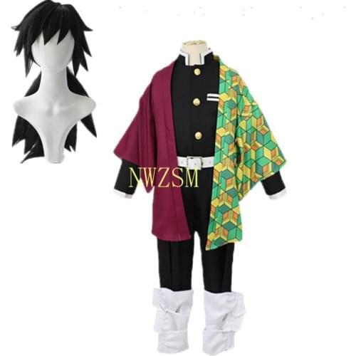 Kids Tomioka Giyu Cosplay Costume Boys Girls Halloween Party Demon Slayer Kimetsu no Yaiba Full Set Clothes Kimono Uniform
