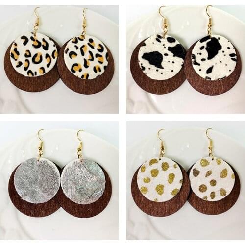 Double Layers Round Leather Wood Dangle Earrings Leather Leopard Cow Pattern Vintage Style Retro Jewelry Classic Boho Earrings
