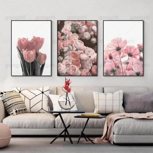 Nordic Canvas Painting Pink Rose Tulip Elegant Living Room Bedroom Cafe Flower Shop Wall Decoration Printing Hd Custom Poster
