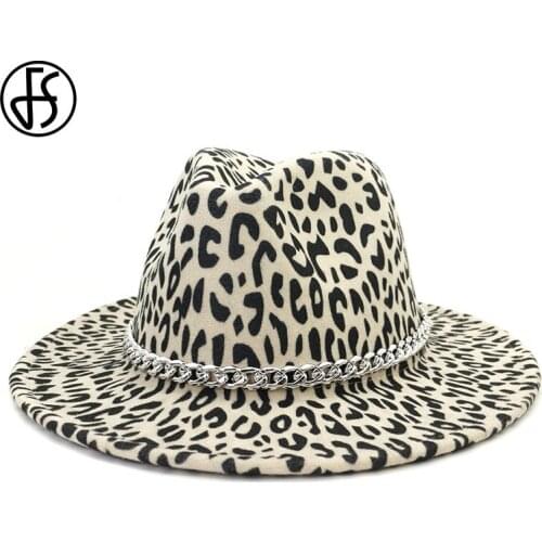 FS 2020 Unisex Wide Brim Jazz Fedora Hats For Men Women Leopard Print Wool Hat Felt Trilby Panama Cap Formal Hats With Chain