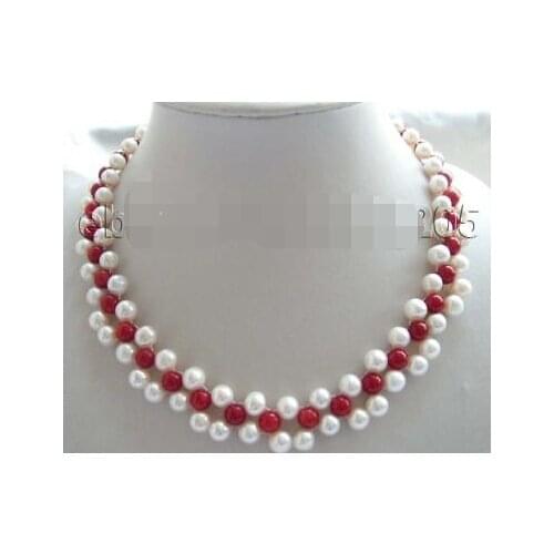 Hot sale Free Shipping>>>>>18" Handwork Natural White Pearl Red Coral Necklace