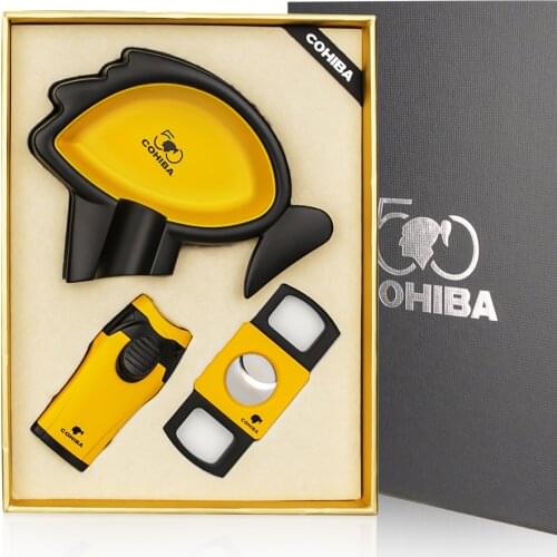 COHIBA Cigar Lighter Ceramic Ashtray Cutter Combo Accessories Set Metal Windproof Butane Gas Torch Lighters with Cigar Punch