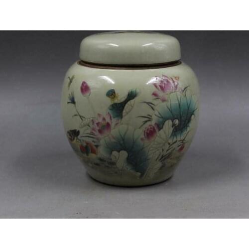 Chinese Old Porcelain Pastel Lotus Painting Porcelain Receiving Tank Lid Can