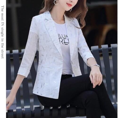 Summer Plus Size Women Fashion Geometric Notched Blazers For Women Formal Single Button Three Quarter Sleeve White Blazer 3xl